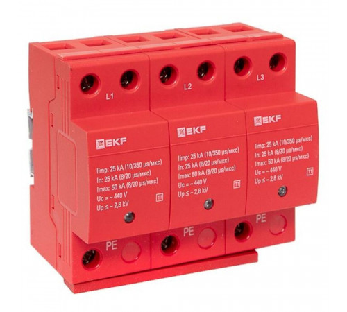 Ограничитель напряжения модульный EKF (spd-t1-3p) T1 275 В 25 А тип AC 3P Ограничитель напряжения модульный EKF (spd-t1-3p) T1 275 В 25 А тип AC 3P