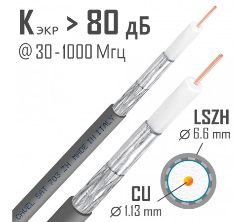 Кабель коаксиальный телевизионный SAT 703 ZH 1х1,13 мм экранированный Cavel Кабель коаксиальный телевизионный SAT 703 ZH 1х1,13 мм экранированный Cavel