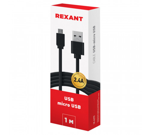 Кабель USB-A/micro USB Rexant 2,4 А 1 м (18-4270) Кабель USB-A/micro USB Rexant 2,4 А 1 м (18-4270)