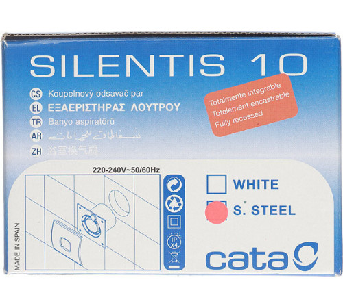 Вентилятор осевой Cata Silentis 10 Inox 140х140 мм d100 мм серебро Вентилятор осевой Cata Silentis 10 Inox 140х140 мм d100 мм серебро