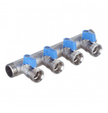 Коллектор Henco 3/4 ВР(г) х 4 выхода 3/4 НР(ш) ЕК х 3/4 НР(ш) с шаровыми кранами (VB050504-BLAUW)