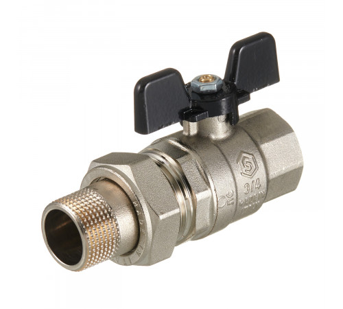 Кран шаровой латунный Stout SVB 3/4 ВР(г) х 3/4 НР(ш) полнопроходной бабочка со сгоном прямой (SVB-0007-200020)