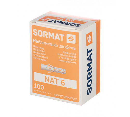 Дюбель распорный Sormat NAT 6x30 мм нейлон (100 шт.) Дюбель распорный Sormat NAT 6x30 мм нейлон (100 шт.)