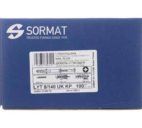 Дюбель-гвоздь Sormat 8x140 мм потайная манжета нейлон (100 шт.) Дюбель-гвоздь Sormat 8x140 мм потайная манжета нейлон (100 шт.)