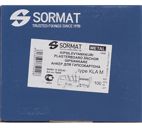 Дюбель для листовых материалов Sormat KLA M 4,5x35 мм сталь (100 шт.) Дюбель для листовых материалов Sormat KLA M 4,5x35 мм сталь (100 шт.)