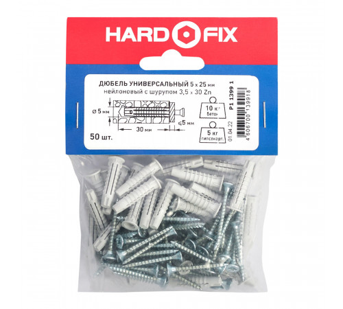 Дюбель универсальный Hard-Fix 5x25 мм нейлон с шурупом (50 шт.) Дюбель универсальный Hard-Fix 5x25 мм нейлон с шурупом (50 шт.)