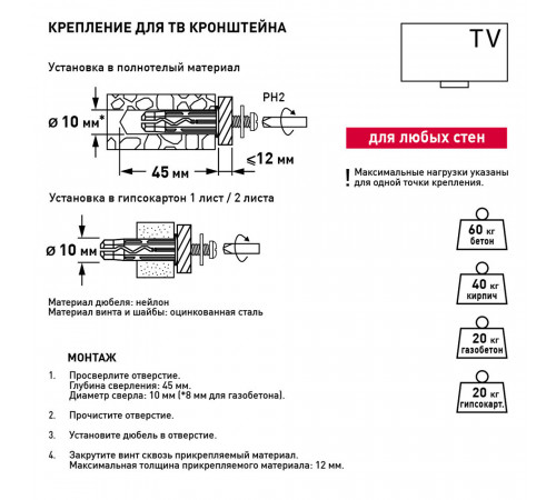 Набор для крепления кронштейна ТВ-панели Hard-Fix Набор для крепления кронштейна ТВ-панели Hard-Fix