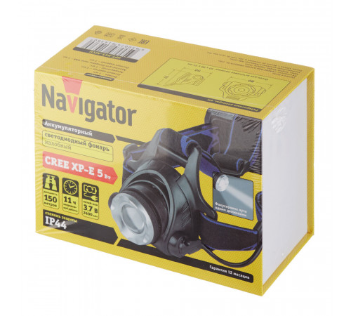 Фонарь налобный Navigator NPT светодиодный 1 LED 5 Вт аккумуляторный Li-Ion 2400 мАч металл/пластик 3 режима (61438) Фонарь налобный Navigator NPT светодиодный 1 LED 5 Вт аккумуляторный Li-Ion 2400 мАч металл/пластик 3 режима (61438)