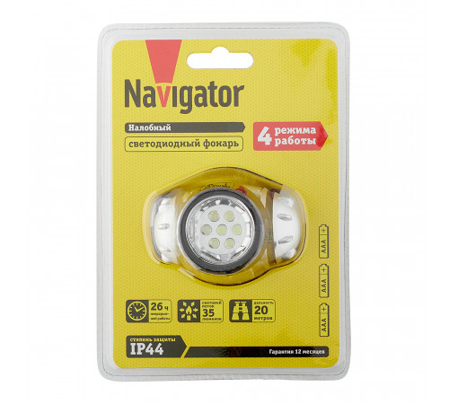 Фонарь налобный Navigator NPT светодиодный 7 LED 0,5 Вт на батарейках AAA ударопрочный пластик 4 режима (94916) Фонарь налобный Navigator NPT светодиодный 7 LED 0,5 Вт на батарейках AAA ударопрочный пластик 4 режима (94916)