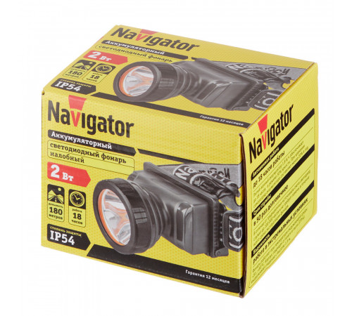 Фонарь налобный Navigator NPT светодиодный 1 LED 2 Вт аккумуляторный Li-Ion 1800 мАч ударопрочный пластик 2 режима (61284) Фонарь налобный Navigator NPT светодиодный 1 LED 2 Вт аккумуляторный Li-Ion 1800 мАч ударопрочный пластик 2 режима (61284)