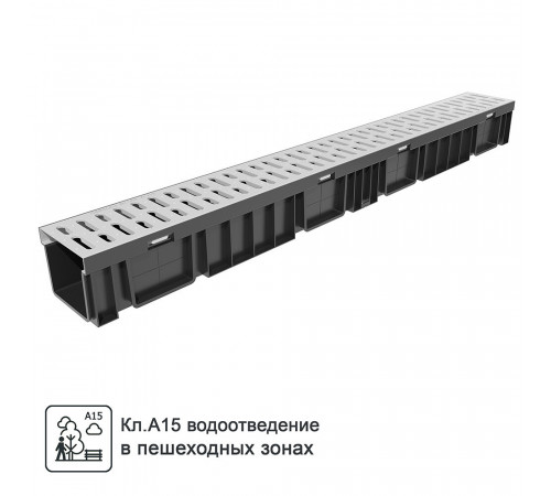 Лоток водоотводный пластиковый 1000х115х95 мм Gidrolica со стальной решеткой класс А15 (080066) Лоток водоотводный пластиковый 1000х115х95 мм Gidrolica со стальной решеткой класс А15 (080066)