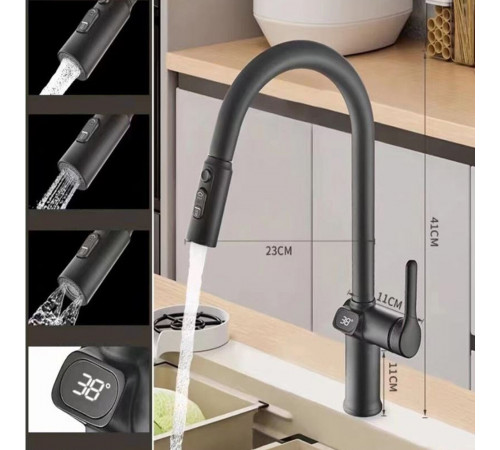 Смеситель для кухни Esko K15 черный с высоким изливом с вытяжной лейкой однорычажный (К15B LED) Смеситель для кухни Esko K15 черный с высоким изливом с вытяжной лейкой однорычажный (К15B LED)