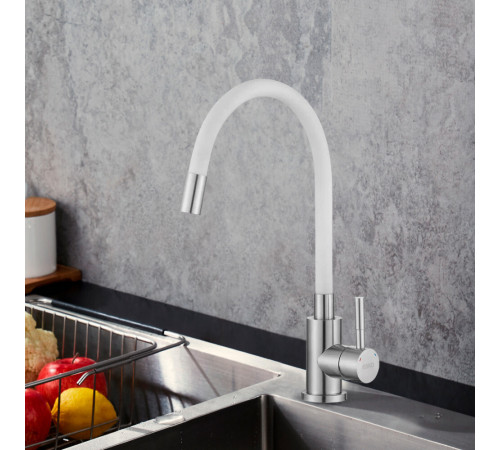 Смеситель для кухни Esko Kitchen сталь/белый с гибким изливом однорычажный (K44 W) Смеситель для кухни Esko Kitchen сталь/белый с гибким изливом однорычажный (K44 W)