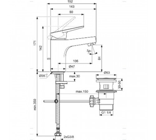 Смеситель для раковины Ideal Standard Tevere хром однорычажный с донным клапаном (BD721AA) Смеситель для раковины Ideal Standard Tevere хром однорычажный с донным клапаном (BD721AA)