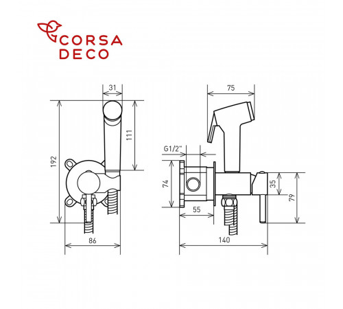 Смеситель с гигиеническим душем встраиваемый Corsa Deco со скрытой частью в комплекте хром (HF001)