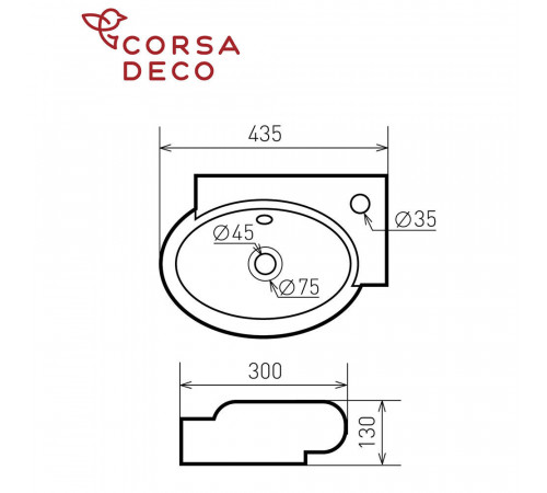 Раковина Corsa Deco WX300 43 см подвесная белая (ABWX3-43S) Раковина Corsa Deco WX300 43 см подвесная белая (ABWX3-43S)