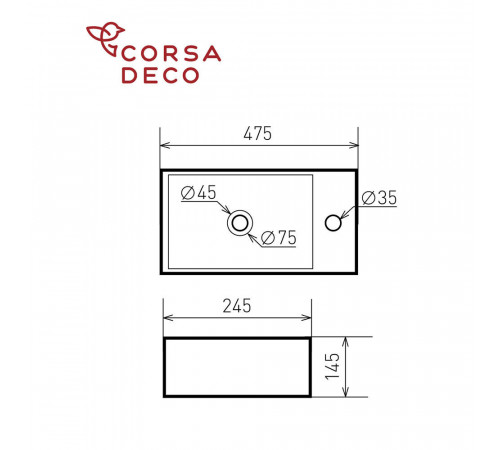 Раковина Corsa Deco WX200 47 см накладная с полочкой белая (ABWX3-47R)
