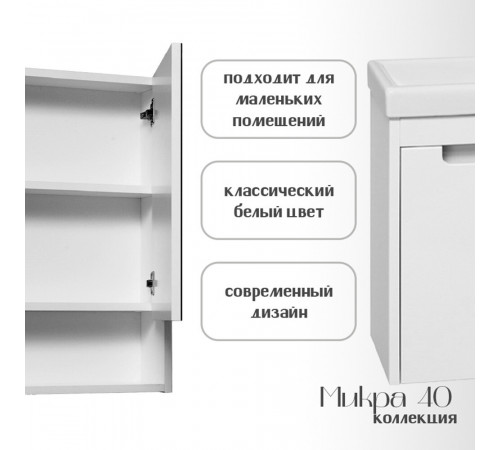 Зеркальный шкаф Runo Микра 40х65х12 см белый