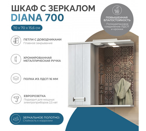 Зеркальный шкаф Vigo Diana 70х70х15 см с подсветкой белый Зеркальный шкаф Vigo Diana 70х70х15 см с подсветкой белый