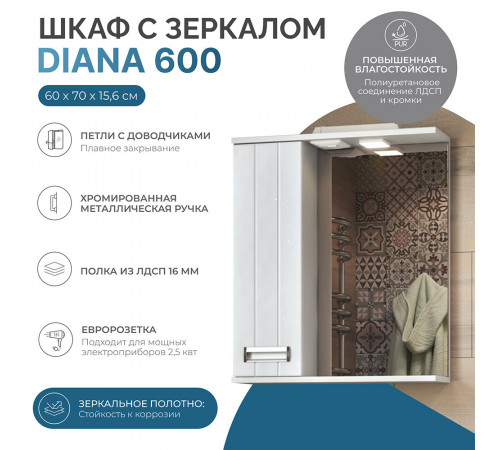 Зеркальный шкаф Vigo Diana 60х70х15 см с подсветкой белый Зеркальный шкаф Vigo Diana 60х70х15 см с подсветкой белый
