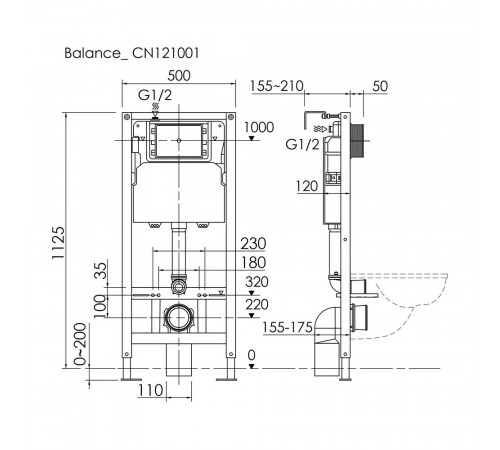 Инсталляция Ceramicanova Balance для подвесного унитаза без кнопки (CN121001)
