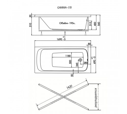Ванна акриловая Triton Gamma 170х70 см без ножек (Щ0000023532) Ванна акриловая Triton Gamma 170х70 см без ножек (Щ0000023532)