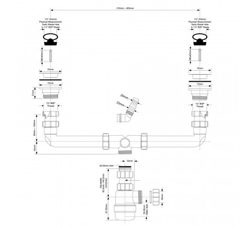 Сифон для двойной мойки McAlpine 1 1/2х40 мм с выпуском d70 мм (MRSK5-A)