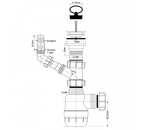 Сифон для раковины и мойки McAlpine 1 1/2х40 мм с выпуском d70 мм (MRSK3)