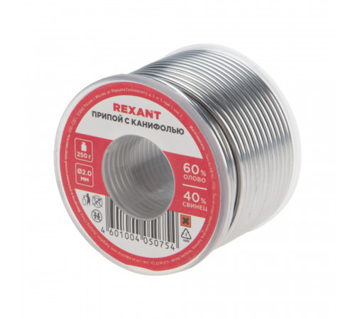Припой Rexant d2 Sn60 Pb40 Flux 2.2% с канифолью 250 г (09-3323) Припой Rexant d2 Sn60 Pb40 Flux 2.2% с канифолью 250 г (09-3323)
