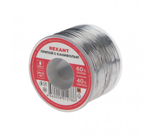 Припой Rexant d0,6 Sn60 Pb40 Flux 2.2% с канифолью 250 г (09-3311) Припой Rexant d0,6 Sn60 Pb40 Flux 2.2% с канифолью 250 г (09-3311)