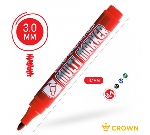 Маркер перманентный Crown Multi Marker красный грифель 3 мм Маркер перманентный Crown Multi Marker красный грифель 3 мм