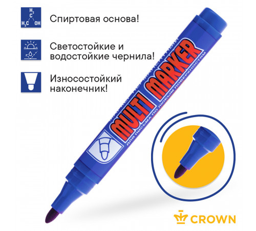 Маркер перманентный Crown Multi Marker синий грифель 3 мм Маркер перманентный Crown Multi Marker синий грифель 3 мм
