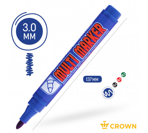 Маркер перманентный Crown Multi Marker синий грифель 3 мм Маркер перманентный Crown Multi Marker синий грифель 3 мм