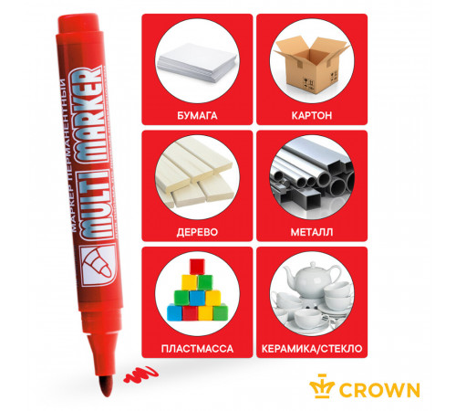 Маркер перманентный Crown Multi Marker красный грифель 3 мм Маркер перманентный Crown Multi Marker красный грифель 3 мм