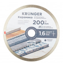 Диск алмазный по керамограниту Kronger Керамика 200x25,4x1,6 мм сплошной мокрый рез (K100200)