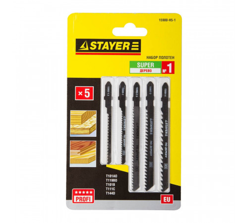 Пилки для лобзика Stayer Profi (15980-H5-1) по дереву криволинейный рез набор (5 шт.) Пилки для лобзика Stayer Profi (15980-H5-1) по дереву криволинейный рез набор (5 шт.)