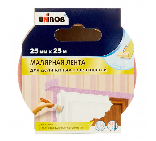 Лента малярная Unibob для деликатных поверхностей розовая 25 мм 25 м