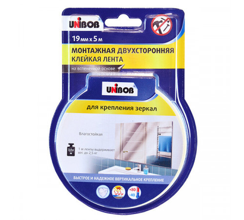 Лента клейкая монтажная для зеркал Unibob двусторонняя 19 мм 5 м Лента клейкая монтажная для зеркал Unibob двусторонняя 19 мм 5 м
