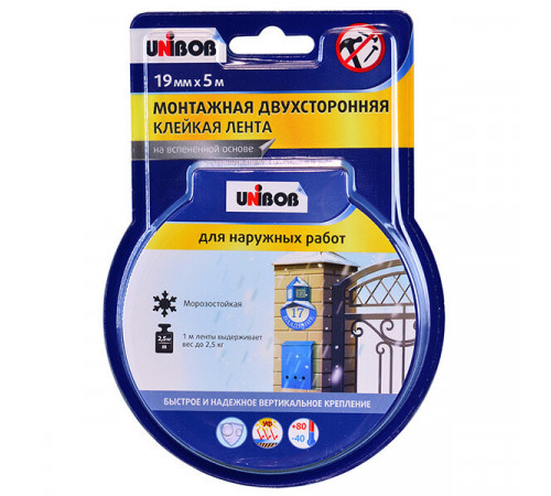 Лента клейкая монтажная для наружных работ Unibob двусторонняя 19 мм 5 м Лента клейкая монтажная для наружных работ Unibob двусторонняя 19 мм 5 м