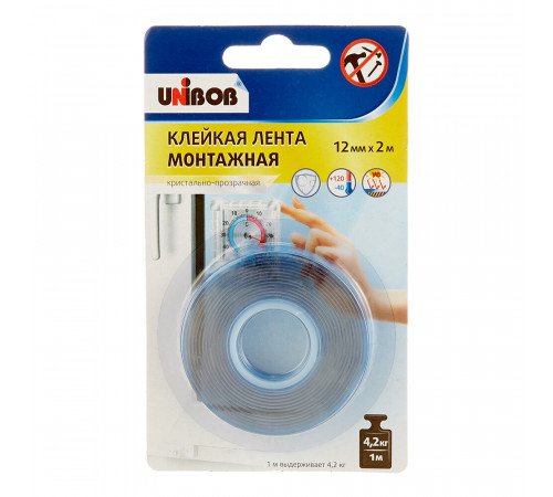 Лента клейкая монтажная Unibob двусторонняя кристально-прозрачная 12 мм 2 м Лента клейкая монтажная Unibob двусторонняя кристально-прозрачная 12 мм 2 м