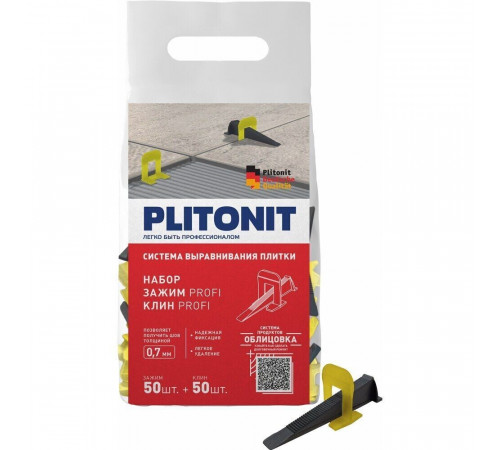 Система выравнивания плитки Plitonit Profi mini 0,7 мм комплект (зажим ворота, клин) (100 шт.) Система выравнивания плитки Plitonit Profi mini 0,7 мм комплект (зажим ворота, клин) (100 шт.)
