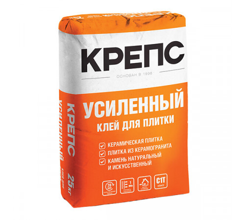 Клей для плитки/ керамогранита/ камня Крепс Усиленный серый класс C1 T 25 кг Клей для плитки/ керамогранита/ камня Крепс Усиленный серый класс C1 T 25 кг