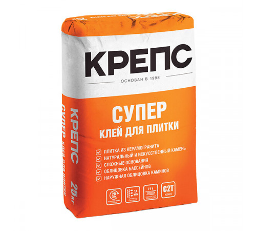 Клей для плитки/ керамогранита/ камня Крепс Супер серый класс C2 T 25 кг Клей для плитки/ керамогранита/ камня Крепс Супер серый класс C2 T 25 кг