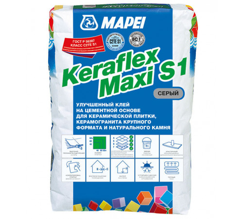 Клей для плитки/ керамогранита/ камня Mapei Keraflex Maxi S1 эластичный серый класс C2 TE S1 25 кг Клей для плитки/ керамогранита/ камня Mapei Keraflex Maxi S1 эластичный серый класс C2 TE S1 25 кг