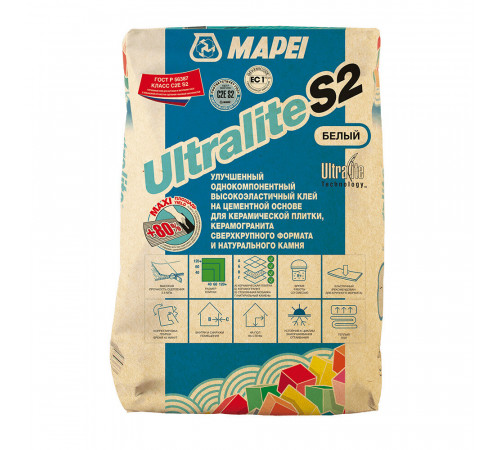 Клей для плитки/ керамогранита/ камня Mapei Ultralite S2 высокоэластичный универсальный белый класс C2 E S2 15 кг Клей для плитки/ керамогранита/ камня Mapei Ultralite S2 высокоэластичный универсальный белый класс C2 E S2 15 кг
