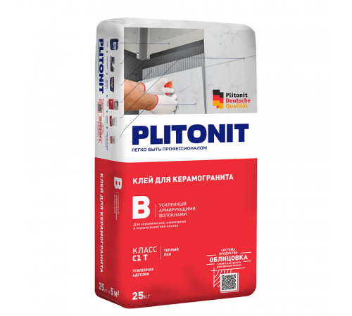 Клей для плитки/ керамогранита/ клинкера Plitonit В усиленный армирующими волокнами серый класс C1 T 25 кг Клей для плитки/ керамогранита/ клинкера Plitonit В усиленный армирующими волокнами серый класс C1 T 25 кг