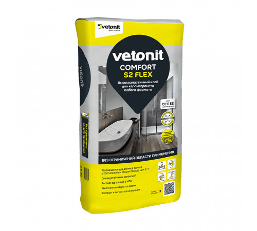 Клей для плитки/ керамогранита/ камня Vetonit Comfort S2 Flex высокоэластичный серый класс C2 E S2 25 кг Клей для плитки/ керамогранита/ камня Vetonit Comfort S2 Flex высокоэластичный серый класс C2 E S2 25 кг
