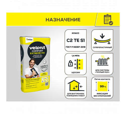 Клей для плитки/ керамогранита/ камня Vetonit Comfort Extreme Fix белый класс C2 TE S1 20 кг