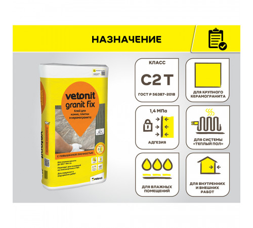 Клей для плитки/ керамогранита/ мозаики Vetonit Granit fix серый класс C2 T 25 кг