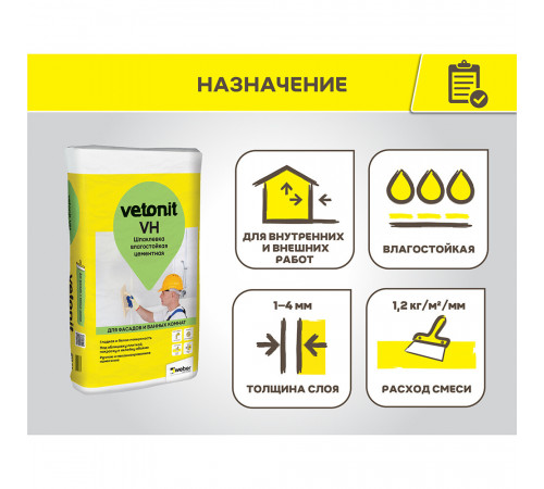 Шпаклевка цементная Weber.vetonit VH для влажных помещений белая 20 кг Шпаклевка цементная Weber.vetonit VH для влажных помещений белая 20 кг